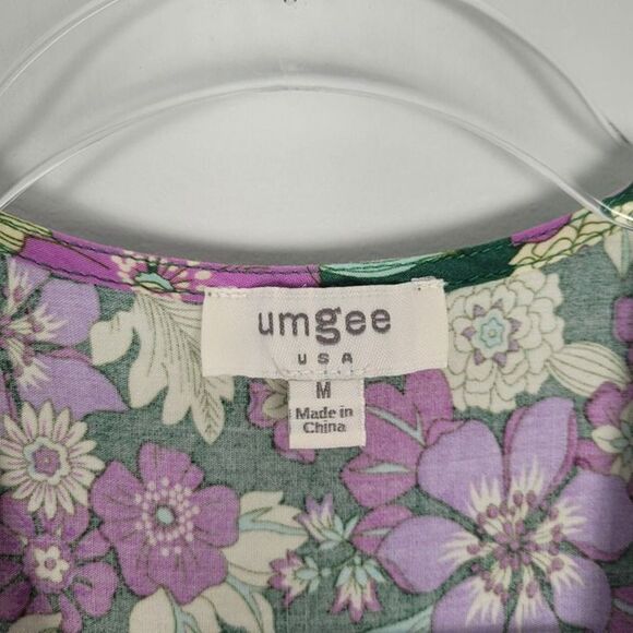Umgee Size M Floral Blouse 3/4 Sleeve Bohemian Tassel Rayon Purple Green - Picture 10 of 10
